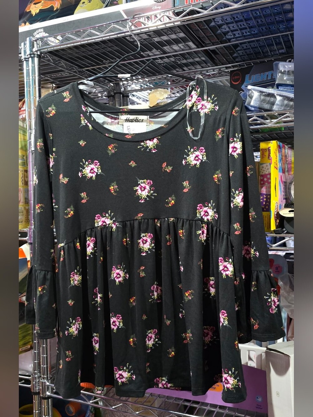 New Small Black Floral Long-Sleeve Peplum Top